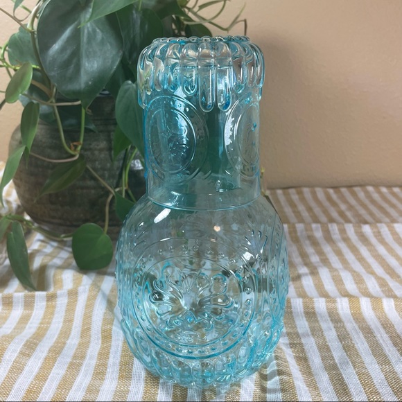 SOLD - Glass Tumble Up Carafe With Cup Blue Glass Embossed - Picture 2 of 7